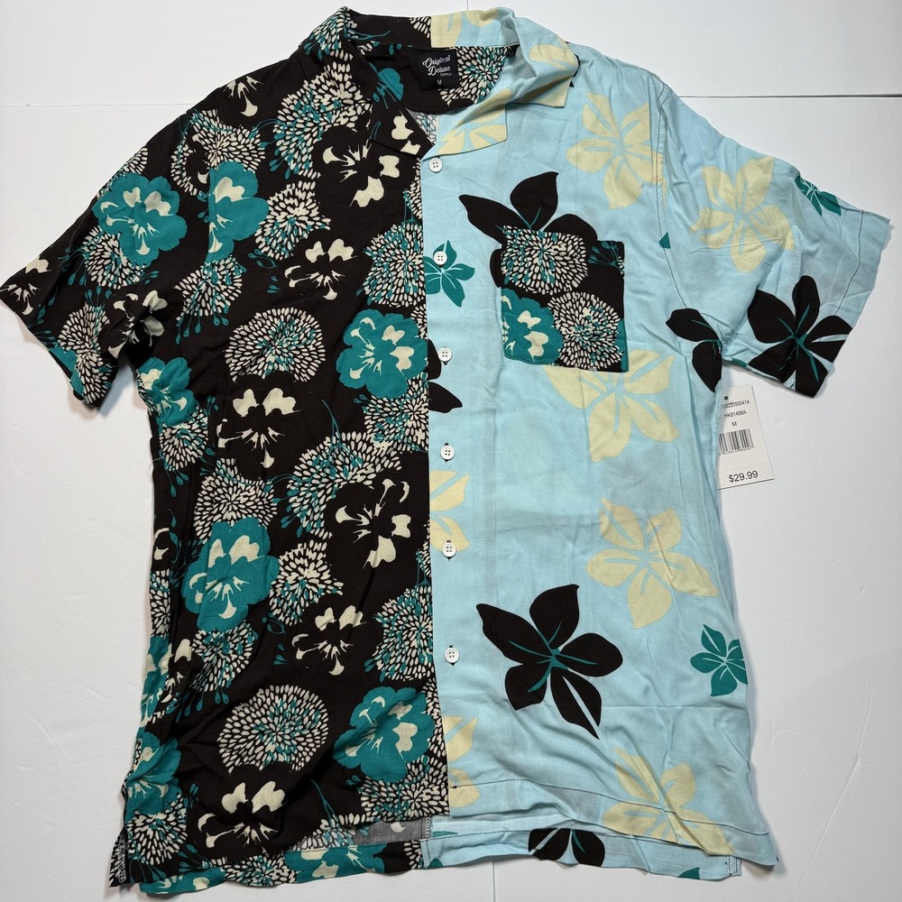 Original Deluxe Supply Shirt Mens Medium Black‎ Blue Hawaiian Aloha Button Front
